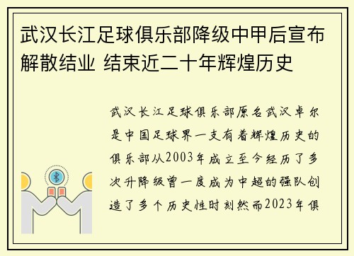 武汉长江足球俱乐部降级中甲后宣布解散结业 结束近二十年辉煌历史