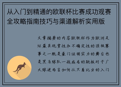 从入门到精通的欧联杯比赛成功观赛全攻略指南技巧与渠道解析实用版