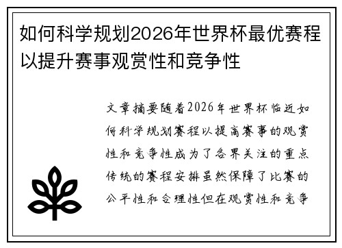 如何科学规划2026年世界杯最优赛程以提升赛事观赏性和竞争性 如何科学规划2026年世界杯最优赛程以提升赛事观赏性和竞争性